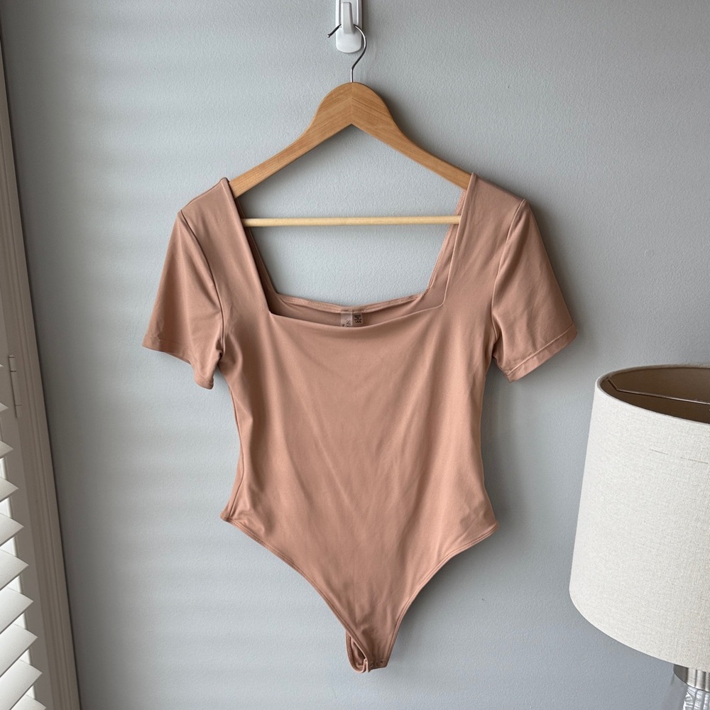 Anthropologie Second Skin by‎ RD Style Nude Short Sleeve Thong Bodysuit